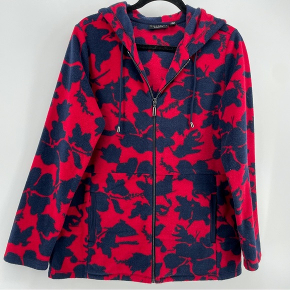 Susan Graver Weekend Red/Navy Blue Floral Fleece Zipped Jacket S - Picture 1 of 6